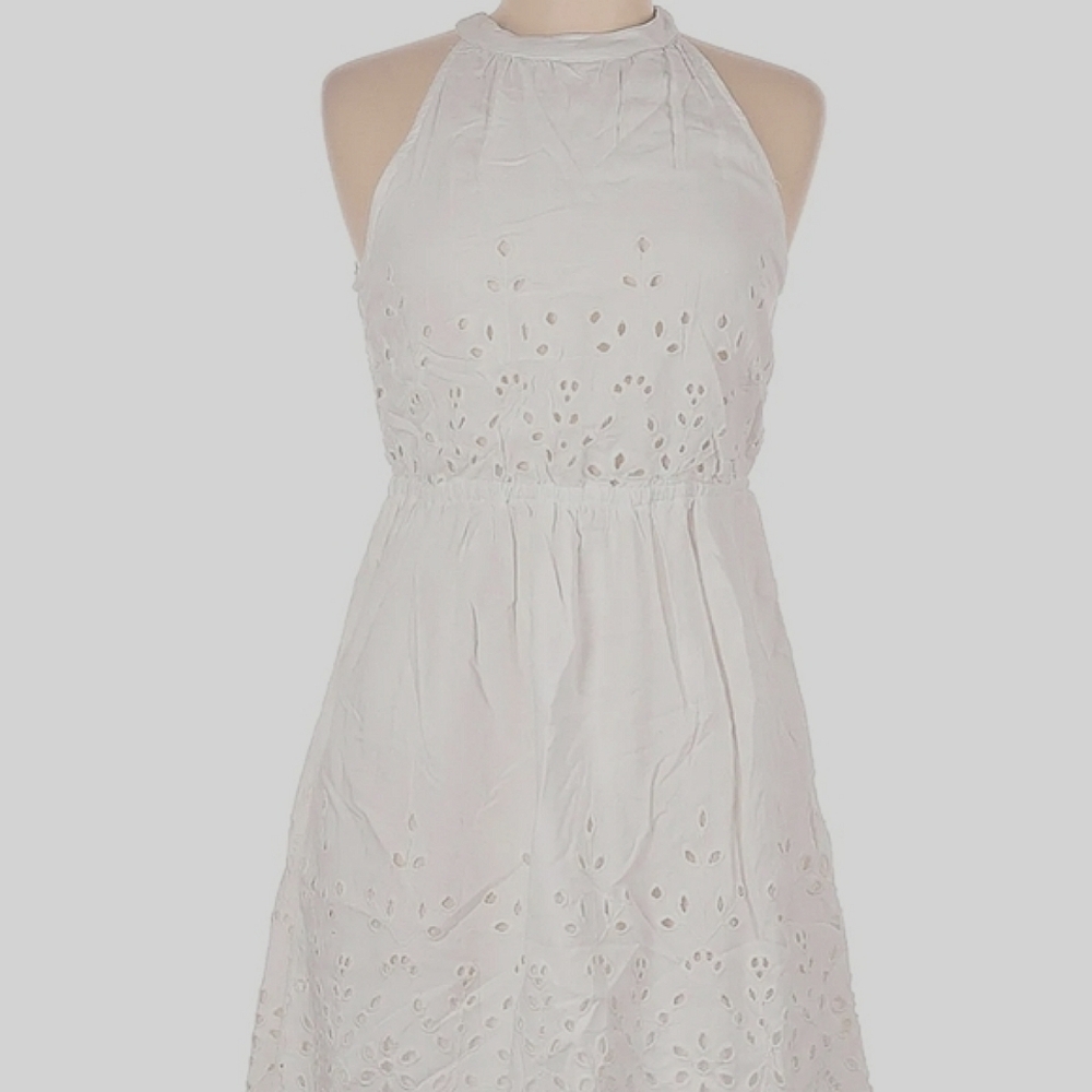 Sim & Sam White Boho Romantic Eyelet High Neck Flowy Mini Dress M